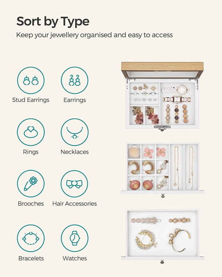 SONGMICS smykkeskrin, 3-lag, lsbar, m. stort spejl, 2 skuffer - fljl for og hvid/natur MDF