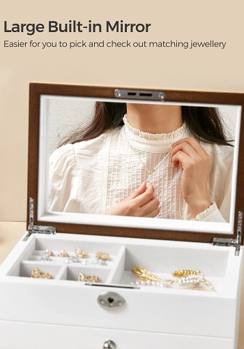 SONGMICS smykkeskrin, 3-lag, lsbar, m. stort spejl, 2 skuffer - fljl for og hvid/natur MDF