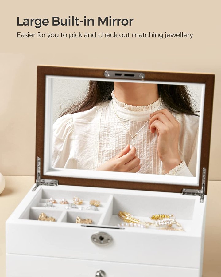 SONGMICS smykkeskrin, 3-lag, lsbar, m. stort spejl, 2 skuffer - fljl for og hvid/natur MDF