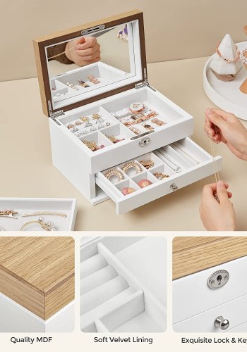 SONGMICS smykkeskrin, 3-lag, lsbar, m. stort spejl, 2 skuffer - fljl for og hvid/natur MDF