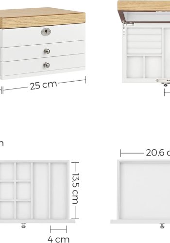 SONGMICS smykkeskrin, 3-lag, lsbar, m. stort spejl, 2 skuffer - fljl for og hvid/natur MDF