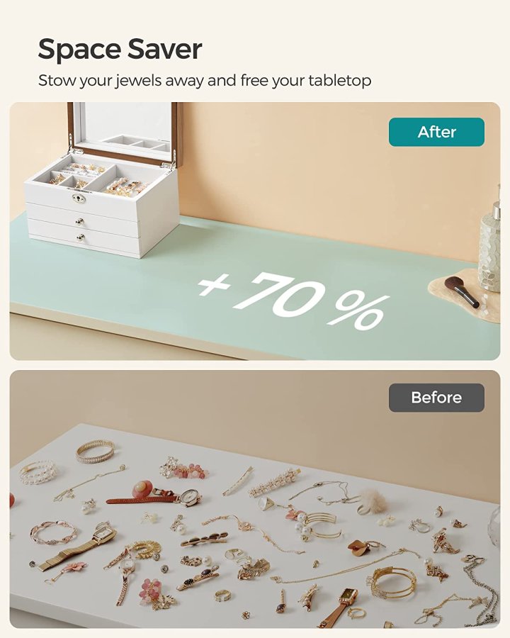 SONGMICS smykkeskrin, 3-lag, lsbar, m. stort spejl, 2 skuffer - fljl for og hvid/natur MDF