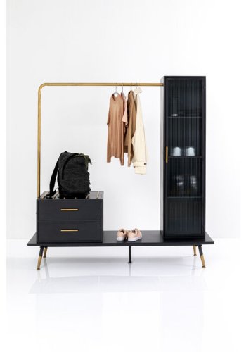 KARE DESIGN La Gomera garderobeskab, m. 1 lge og 2 skuffer - klar glas, sort MDF, messing/sort stl