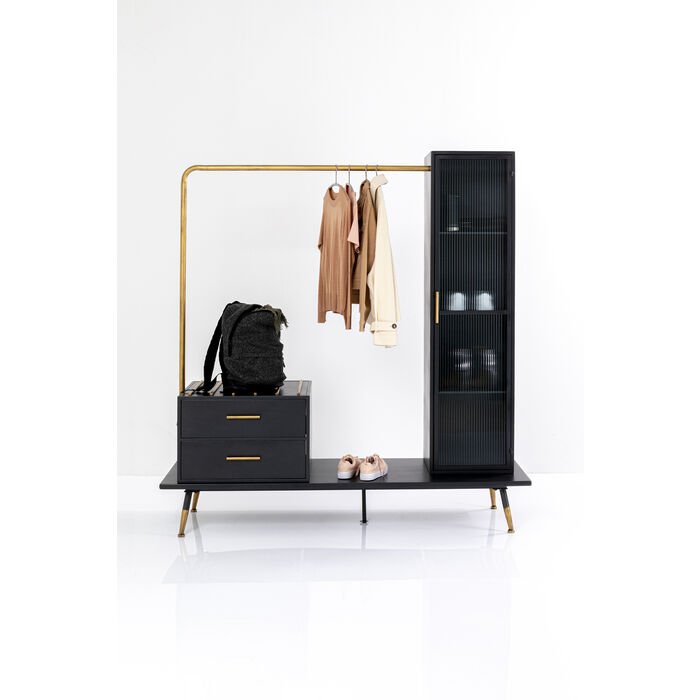 KARE DESIGN La Gomera garderobeskab, m. 1 lge og 2 skuffer - klar glas, sort MDF, messing/sort stl
