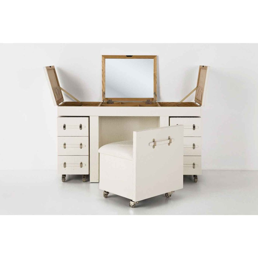KARE DESIGN Diva Croco White Makeup Bord - hvid lderlook, m. stol, 6 skuffer, spejl og +10 rum