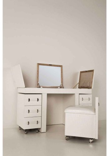 KARE DESIGN Diva Croco White Makeup Bord - hvid lderlook, m. stol, 6 skuffer, spejl og +10 rum