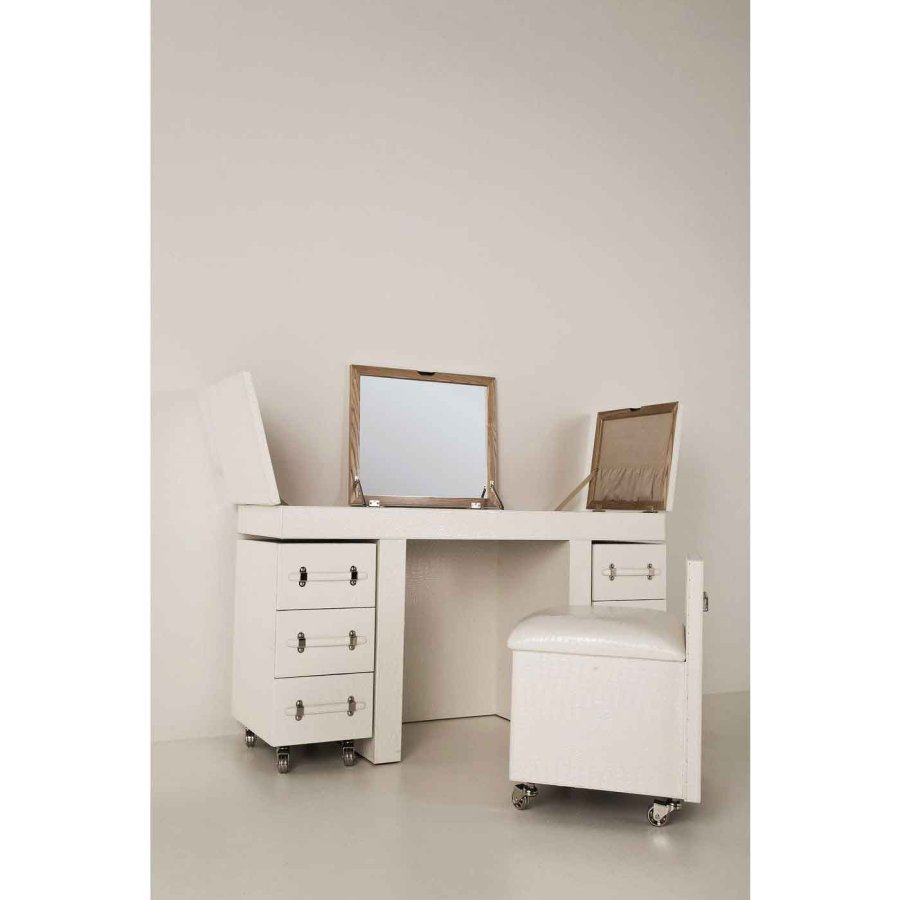 KARE DESIGN Diva Croco White Makeup Bord - hvid lderlook, m. stol, 6 skuffer, spejl og +10 rum