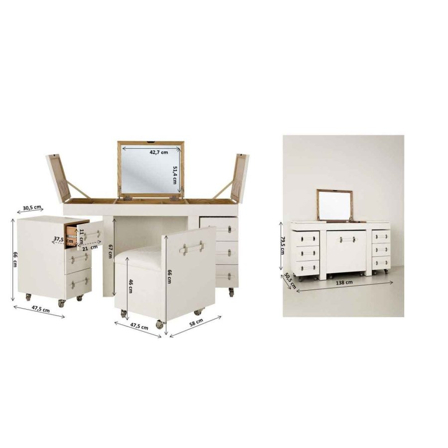 KARE DESIGN Diva Croco White Makeup Bord - hvid lderlook, m. stol, 6 skuffer, spejl og +10 rum