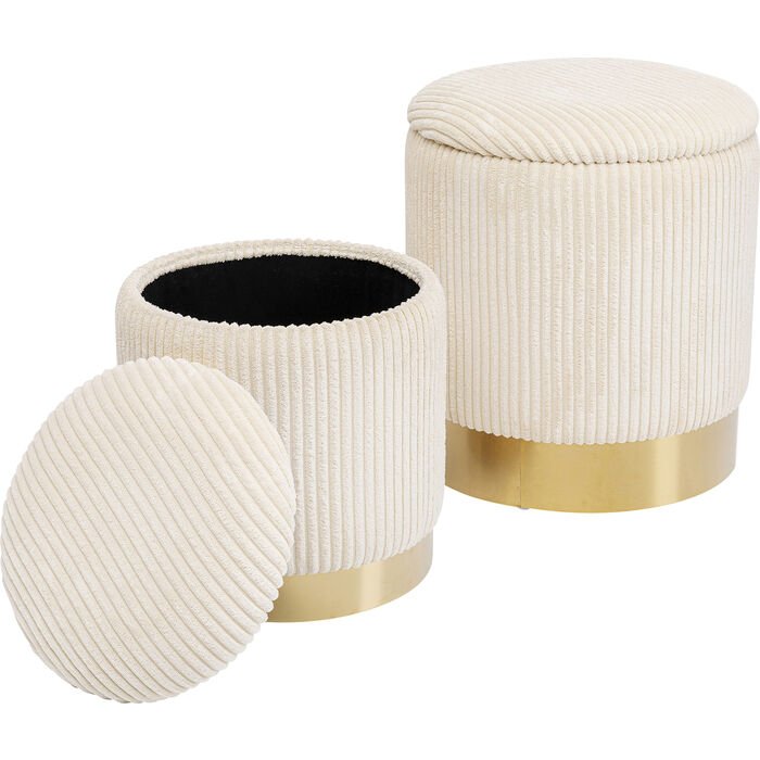 KARE DESIGN Plush skammel, m. opbevaringsplads, rund - creme fljl og guld stl (st af 2)