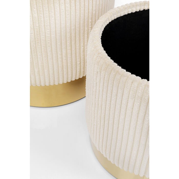KARE DESIGN Plush skammel, m. opbevaringsplads, rund - creme fljl og guld stl (st af 2)