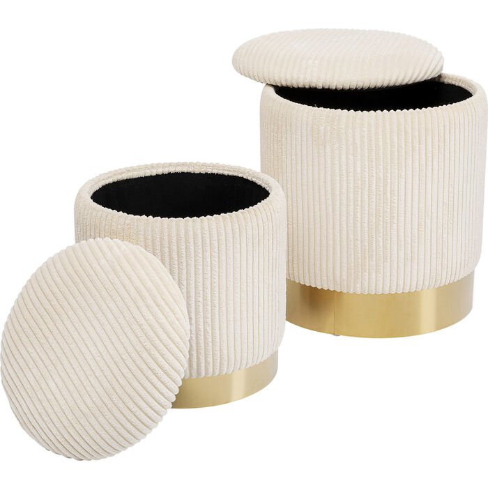 KARE DESIGN Plush skammel, m. opbevaringsplads, rund - creme fljl og guld stl (st af 2)