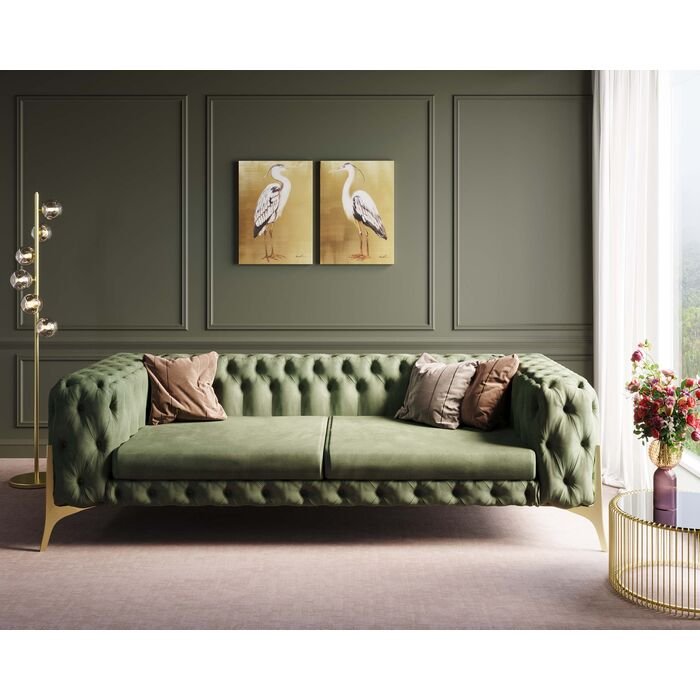 KARE DESIGN Bellissima 3 pers. sofa, Chesterfield, m. 2 puder - grn fljl og messing stl