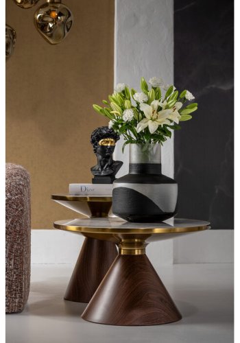 KARE DESIGN Cono sofabord, rund - hvid/gr stentj, brun repapir og guld stl (50)