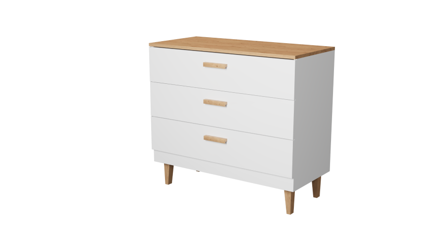 KOCOT Denver kommode, m. 3 skuffer - hvid spnplade og natur hickory/egetr