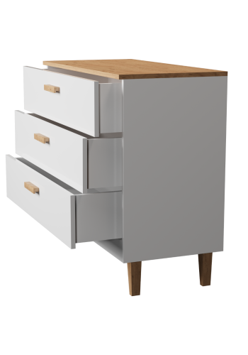 KOCOT Denver kommode, m. 3 skuffer - hvid spnplade og natur hickory/egetr
