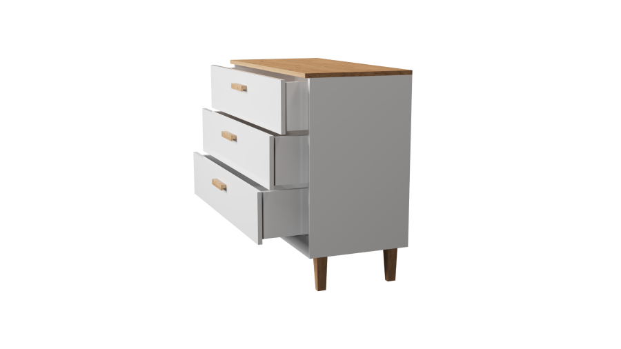 KOCOT Denver kommode, m. 3 skuffer - hvid spnplade og natur hickory/egetr