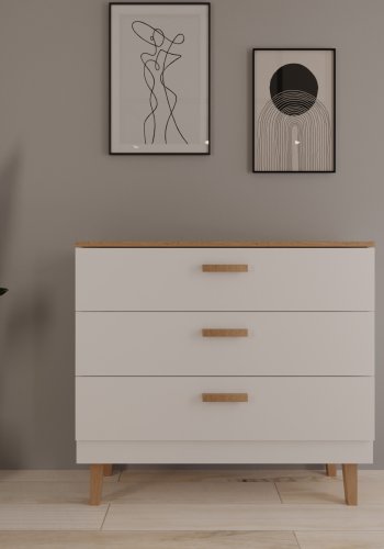 KOCOT Denver kommode, m. 3 skuffer - hvid spnplade og natur hickory/egetr