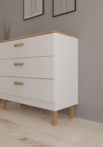 KOCOT Denver kommode, m. 3 skuffer - hvid spnplade og natur hickory/egetr