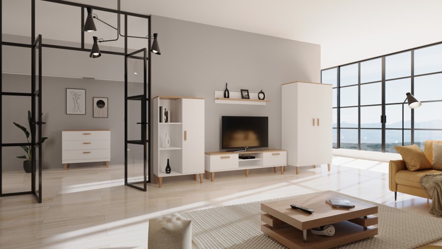 KOCOT Denver kommode, m. 3 skuffer - hvid spnplade og natur hickory/egetr