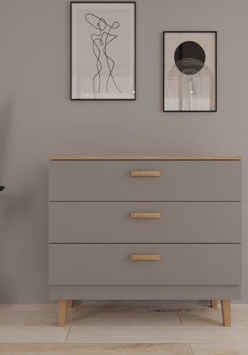 KOCOT Denver kommode, m. 3 skuffer - chinchilla gr spnplade og natur hickory/egetr 