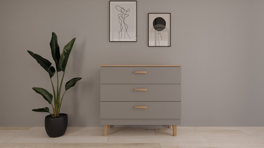 KOCOT Denver kommode, m. 3 skuffer - chinchilla gr spnplade og natur hickory/egetr 