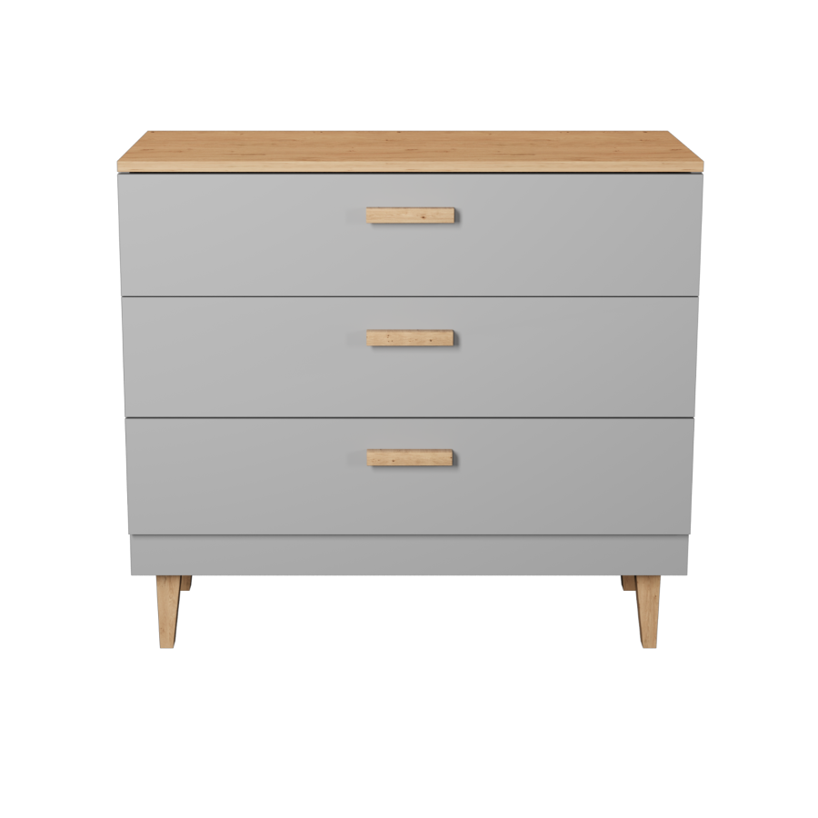 KOCOT Denver kommode, m. 3 skuffer - chinchilla gr spnplade og natur hickory/egetr 