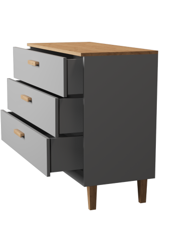 KOCOT Denver kommode, m. 3 skuffer - chinchilla gr spnplade og natur hickory/egetr 