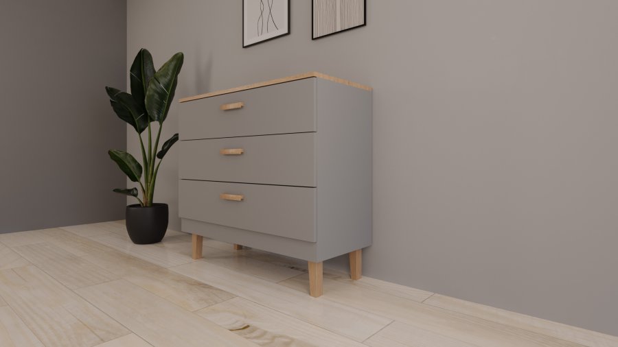 KOCOT Denver kommode, m. 3 skuffer - chinchilla gr spnplade og natur hickory/egetr 