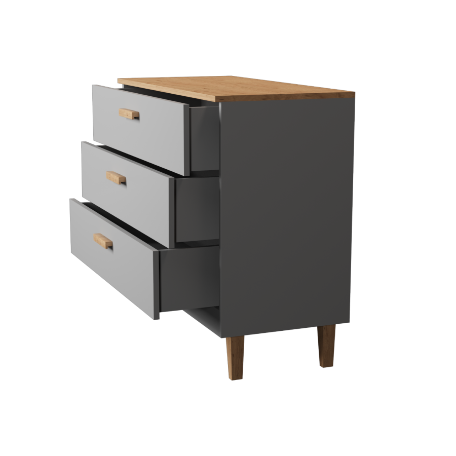 KOCOT Denver kommode, m. 3 skuffer - chinchilla gr spnplade og natur hickory/egetr 