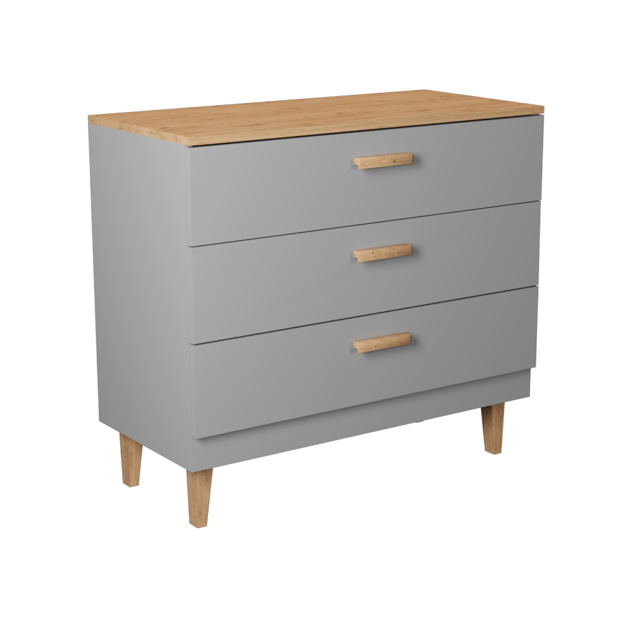 KOCOT Denver kommode, m. 3 skuffer - chinchilla gr spnplade og natur hickory/egetr 