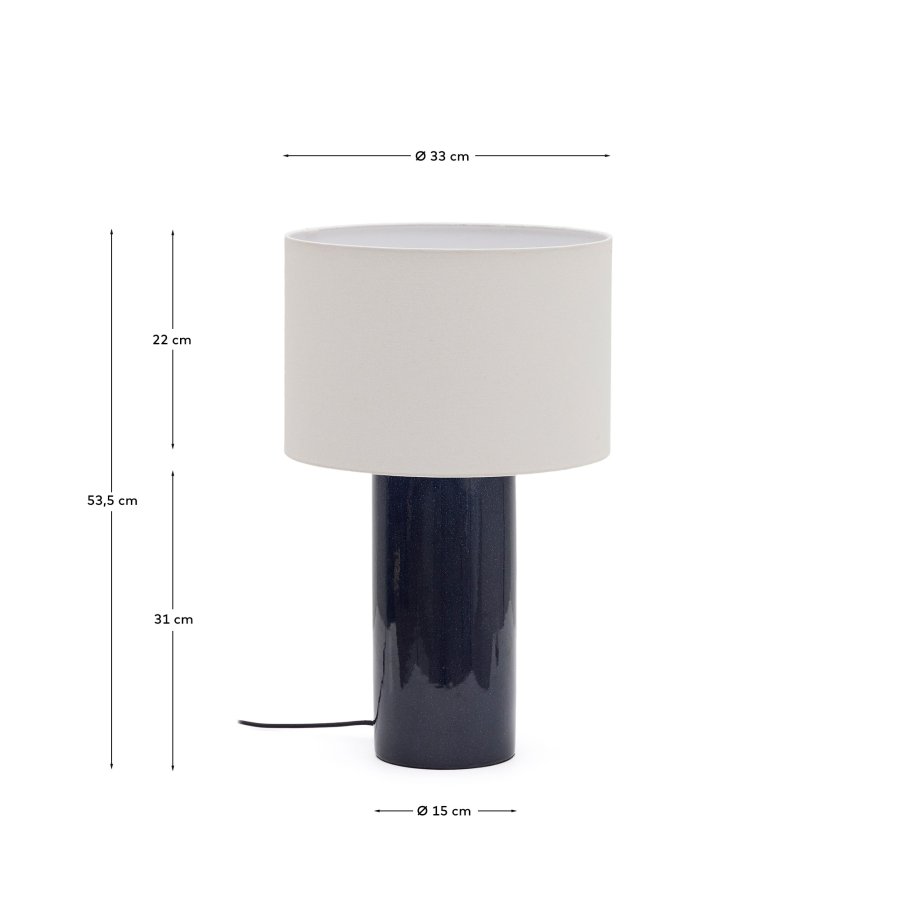 KAVE HOME Tonerisk keramisk bordlampe med bl finish og bomuld