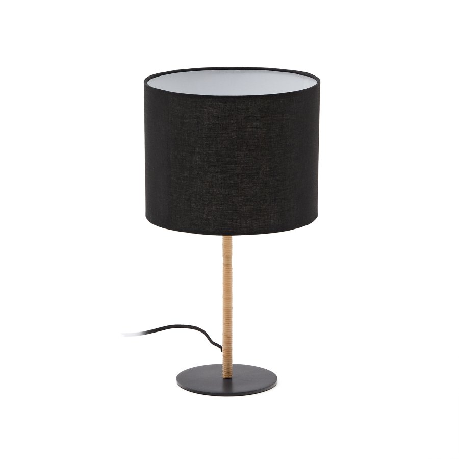 KAVE HOME Pina bordlampe i metal og rattan med en sort bomuldslampeskrm