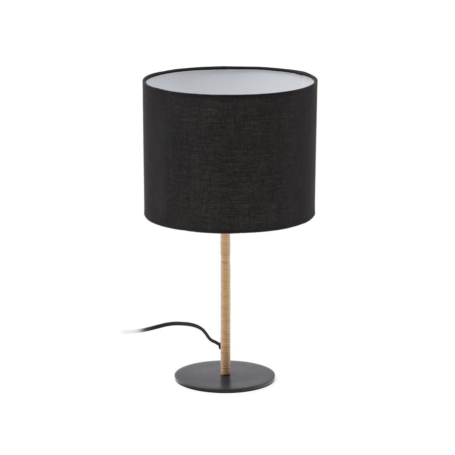 KAVE HOME Pina bordlampe i metal og rattan med en sort bomuldslampeskrm