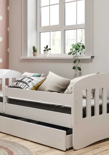 Classic 1 juniorseng, m. madras, sengehest, skuffe - hvid laminat og MDF (160x80)