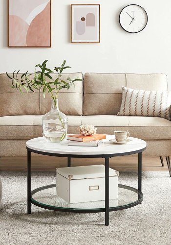 VASAGLE sofabord, rund, m. glashylde - hvid marmorlook spnplade og sort stl (80)