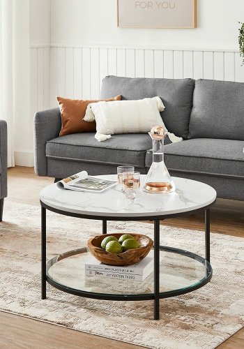 VASAGLE sofabord, rund, m. glashylde - hvid marmorlook spnplade og sort stl (80)