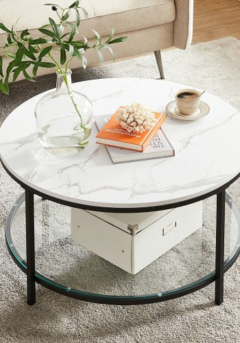 VASAGLE sofabord, rund, m. glashylde - hvid marmorlook spnplade og sort stl (80)