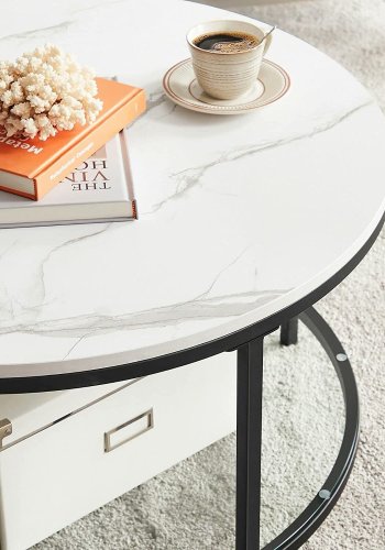 VASAGLE sofabord, rund, m. glashylde - hvid marmorlook spnplade og sort stl (80)