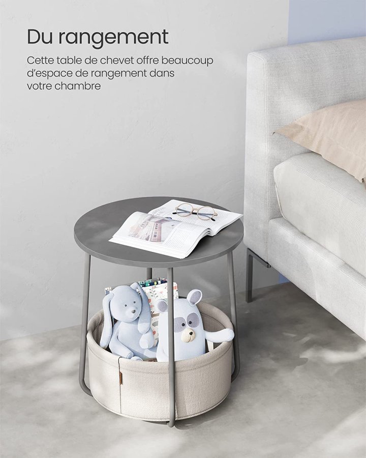 VASAGLE sidebord, rund, m. 1 stofkurv - hvid polyester og cementgr spnplade/stl (45)