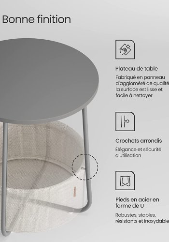 VASAGLE sidebord, rund, m. 1 stofkurv - hvid polyester og cementgr spnplade/stl (45)