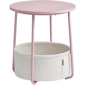 VASAGLE sidebord, rund, m. 1 stofkurv - hvid polyester og pastel pink spnplade/stl (45)