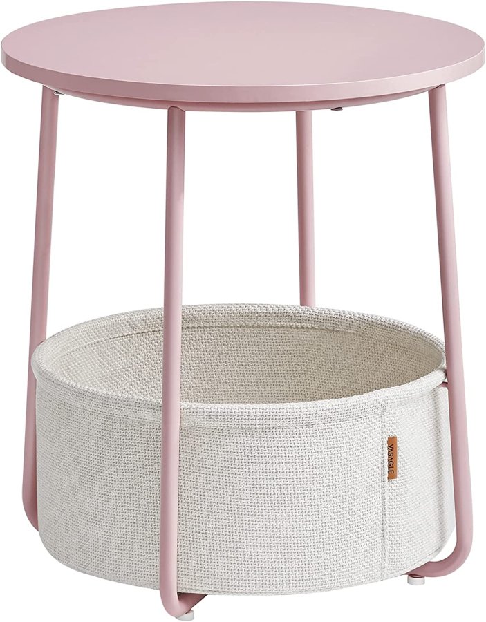 VASAGLE sidebord, rund, m. 1 stofkurv - hvid polyester og pastel pink spnplade/stl (45)