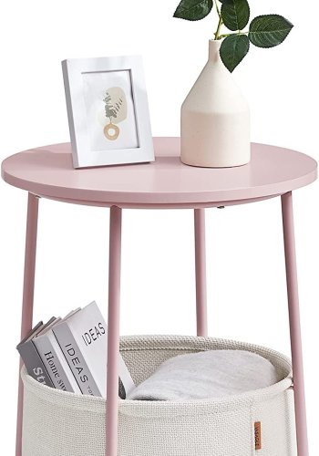 VASAGLE sidebord, rund, m. 1 stofkurv - hvid polyester og pastel pink spnplade/stl (45)