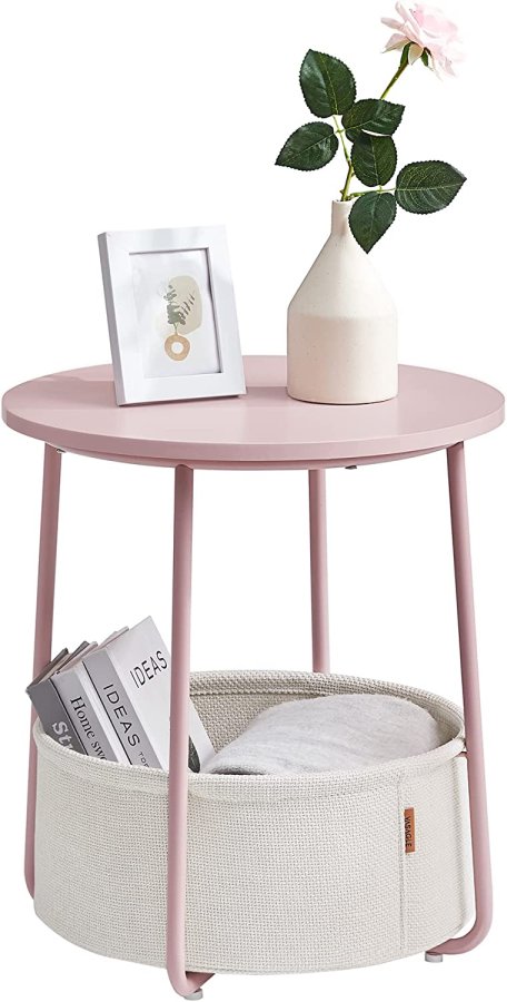 VASAGLE sidebord, rund, m. 1 stofkurv - hvid polyester og pastel pink spnplade/stl (45)