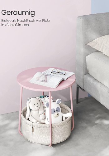 VASAGLE sidebord, rund, m. 1 stofkurv - hvid polyester og pastel pink spnplade/stl (45)