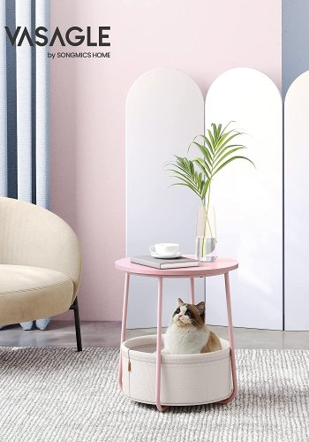 VASAGLE sidebord, rund, m. 1 stofkurv - hvid polyester og pastel pink spnplade/stl (45)