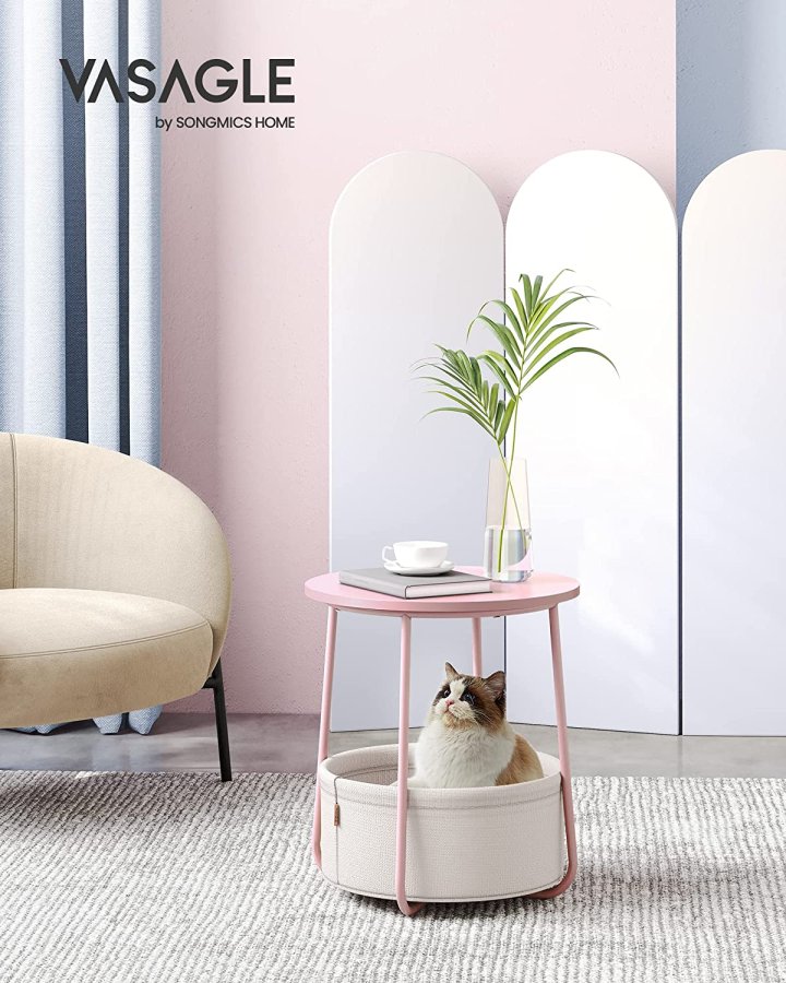 VASAGLE sidebord, rund, m. 1 stofkurv - hvid polyester og pastel pink spnplade/stl (45)