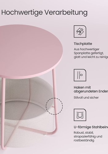 VASAGLE sidebord, rund, m. 1 stofkurv - hvid polyester og pastel pink spnplade/stl (45)