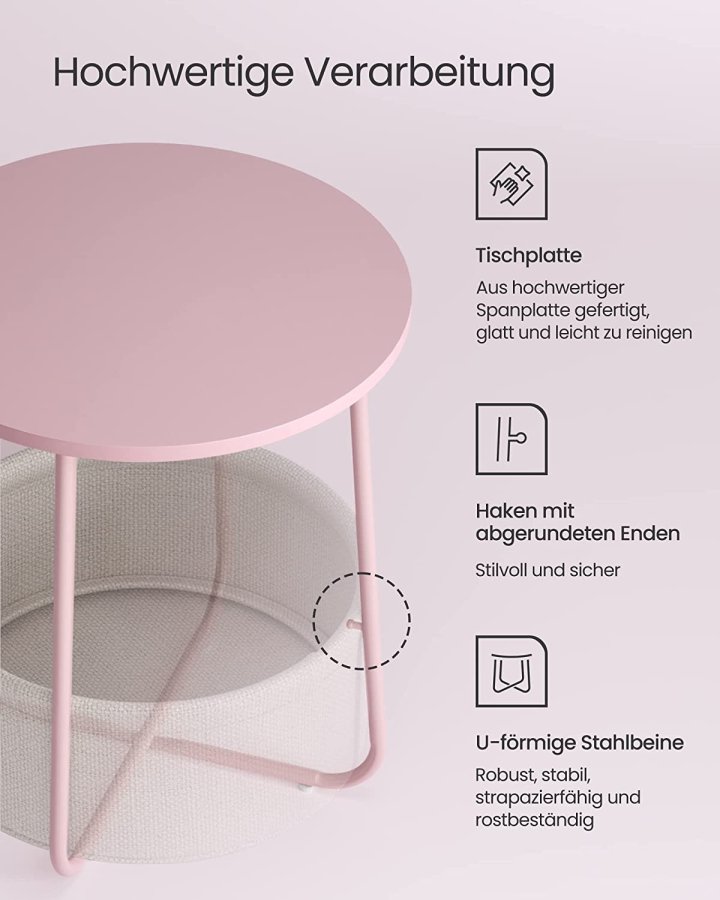 VASAGLE sidebord, rund, m. 1 stofkurv - hvid polyester og pastel pink spnplade/stl (45)