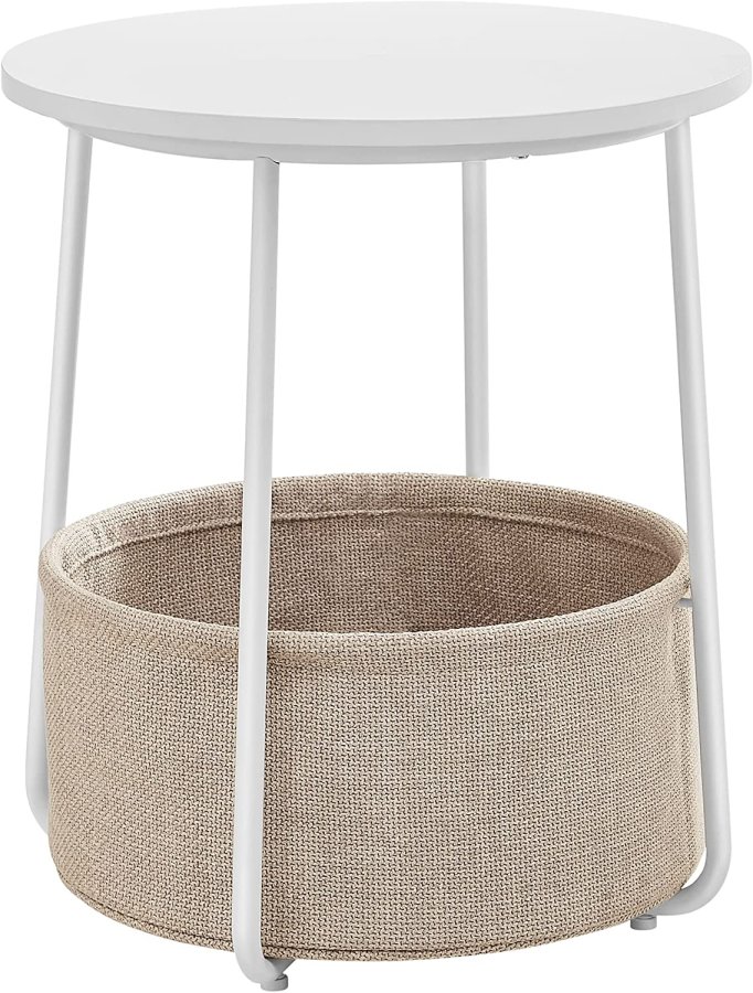 VASAGLE sidebord, rund, m. 1 stofkurv - beige polyester og hvid spnplade/stl (45)